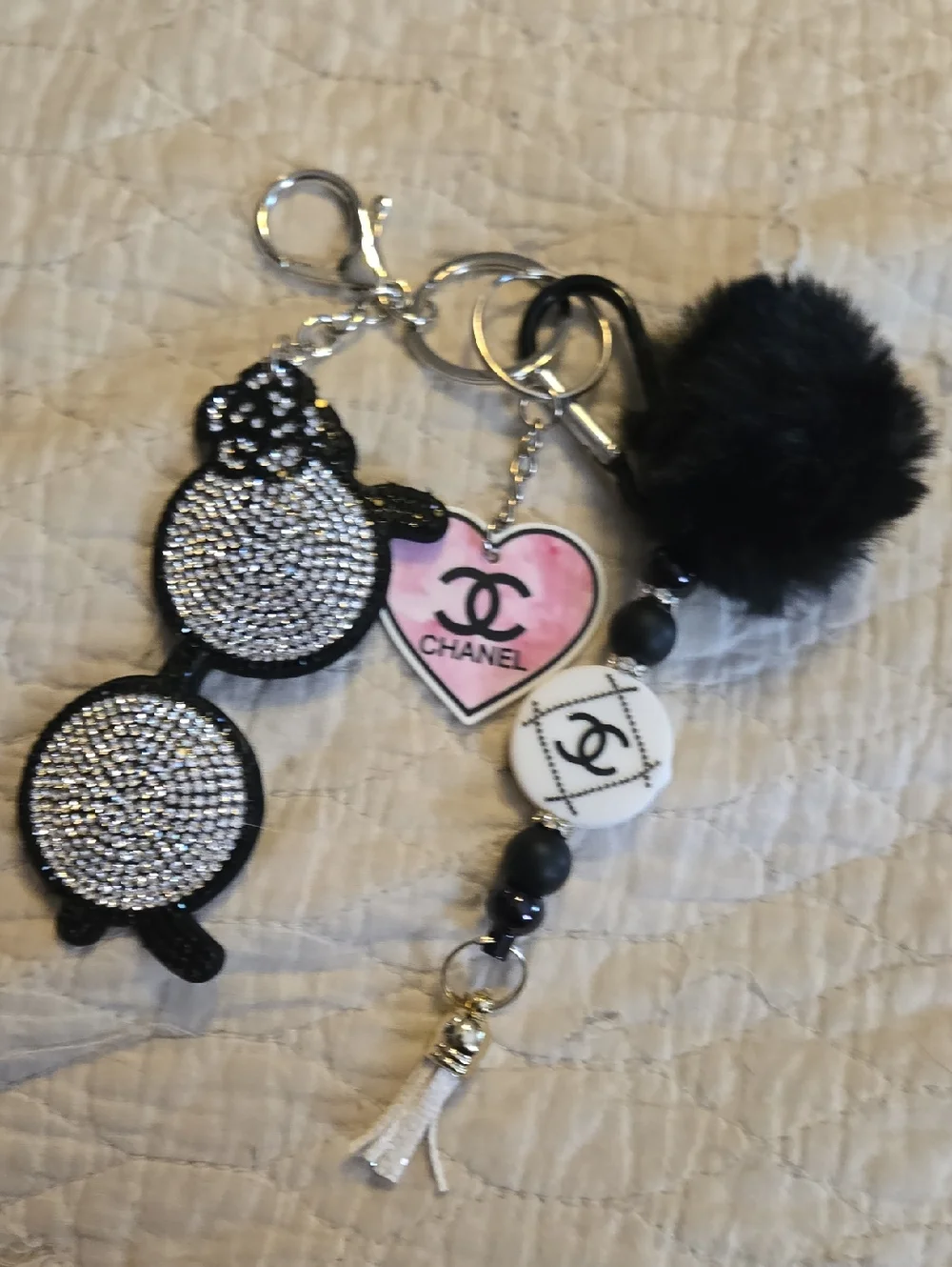 Fun Fashion Junk Keychain Bag Charm Set Sunglasses Pom Pom C C Heart